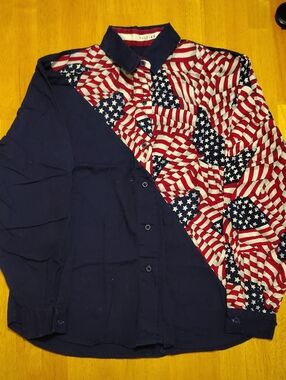 Roper Rodeo Blue Shirt Youth 11 12 Navy Red White 90s Vintage American Flag